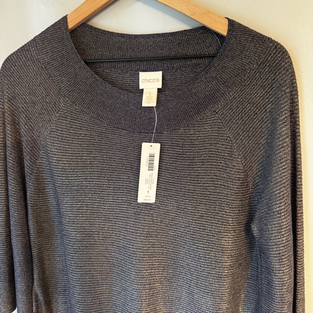 NWT Chicos Portrait Neck 3/4 Sleeve Silver Black Pullover Flowy Sweater Sz M - Picture 3 of 9